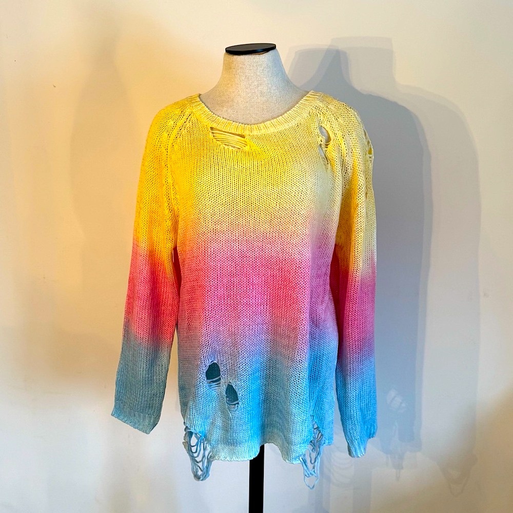 UNIF Rainbow Sherbet Gradient Distressed Grunge Sweater - L